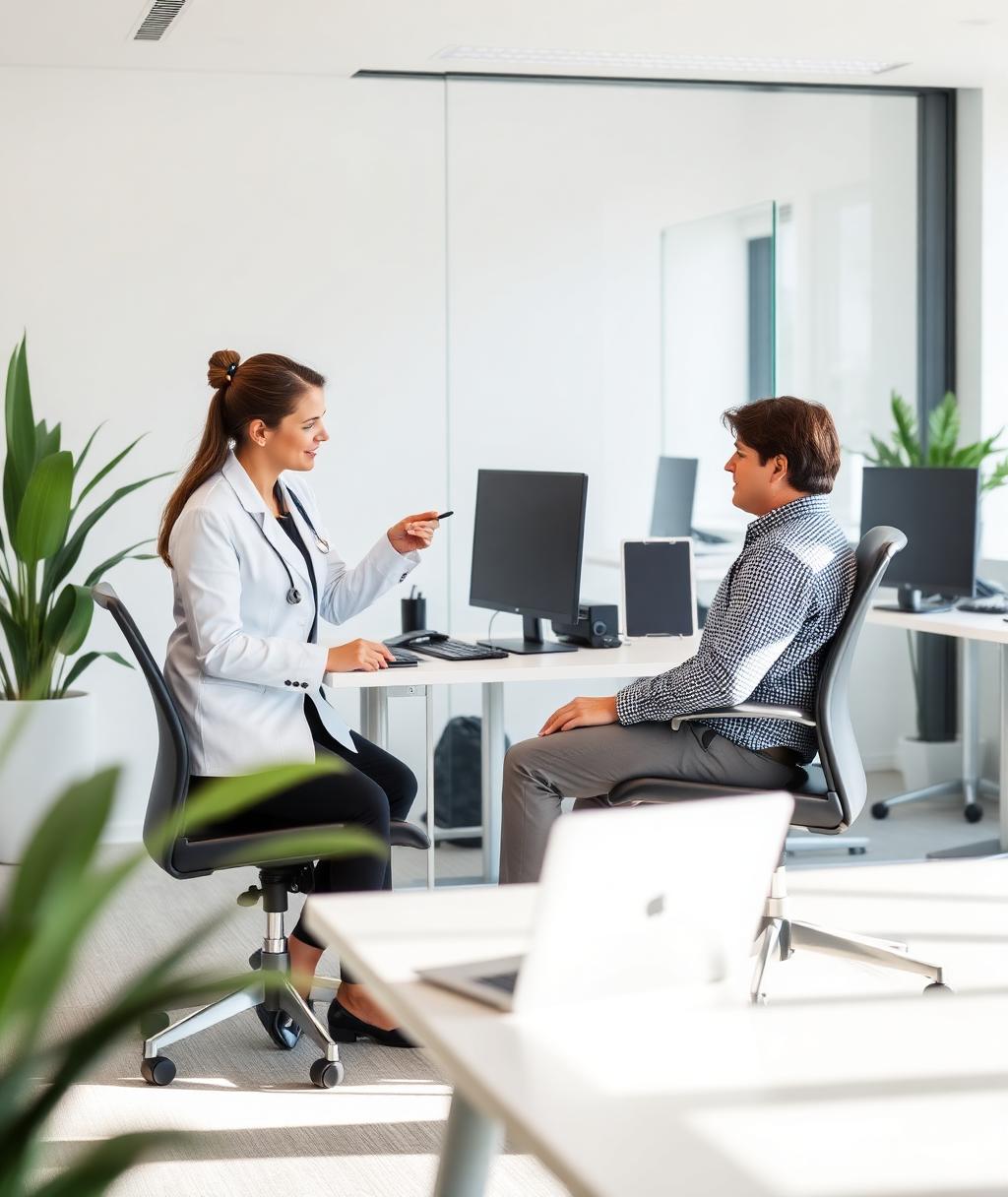A wellness practitioner consulting with an office worker